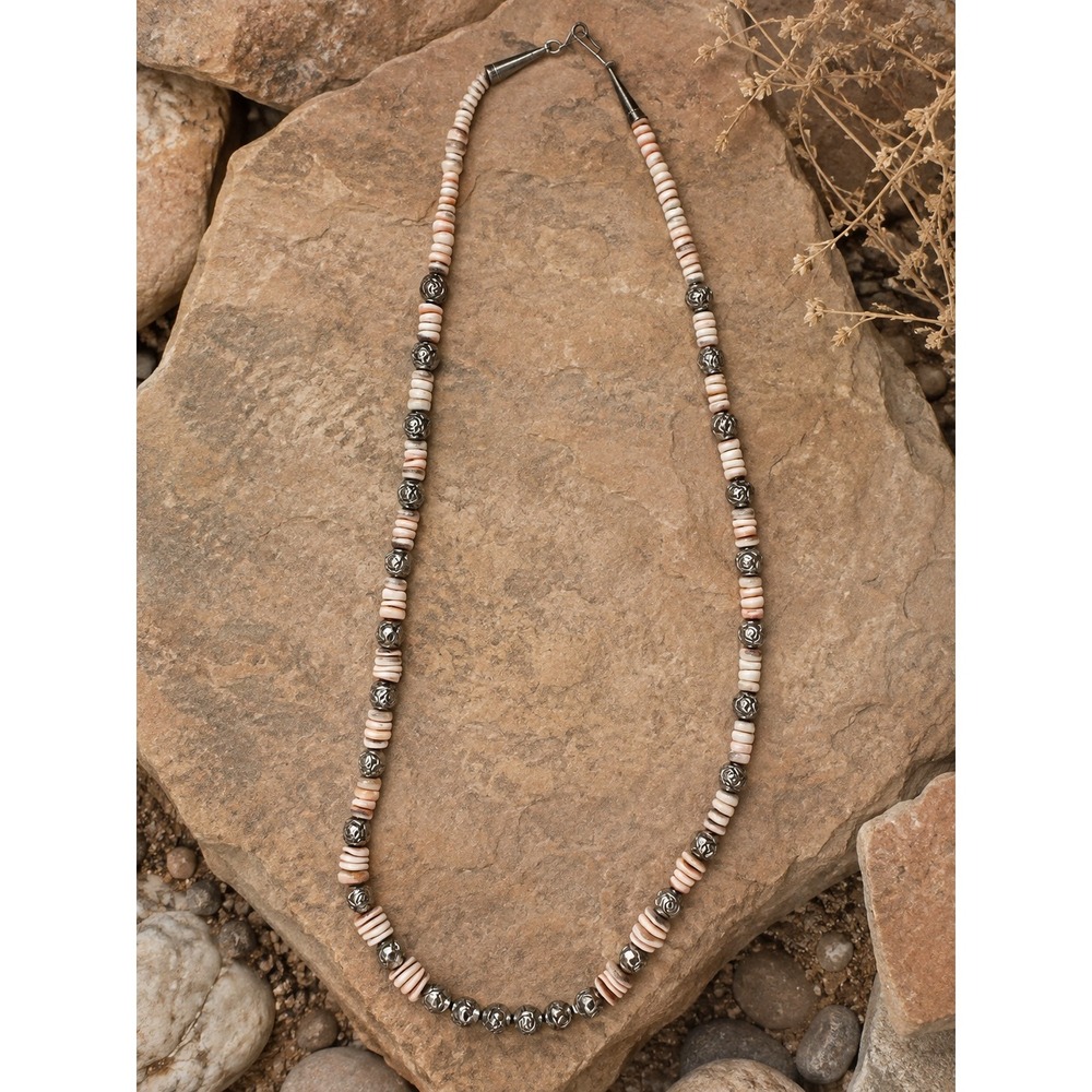 Authentic Navajo Artisan Shell Heishi and Stamped Metal Bead Necklace 25.5"
